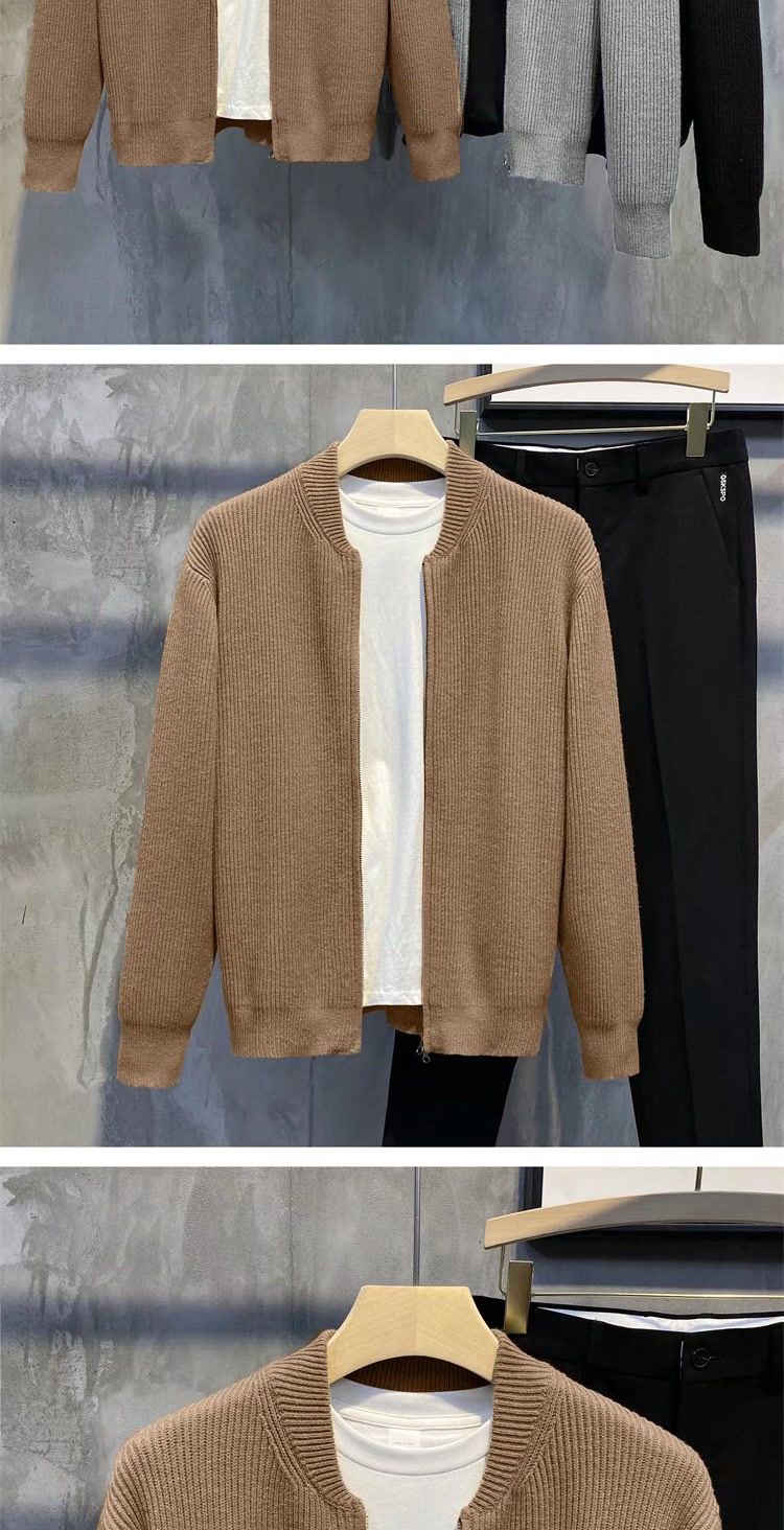 Men's Slim Fit Baseball Jacket Sweater - Lightweight Knit Cardigan With Dual Zipper, Solid Color Casual Pullover For Fall & Winter_voghion.com