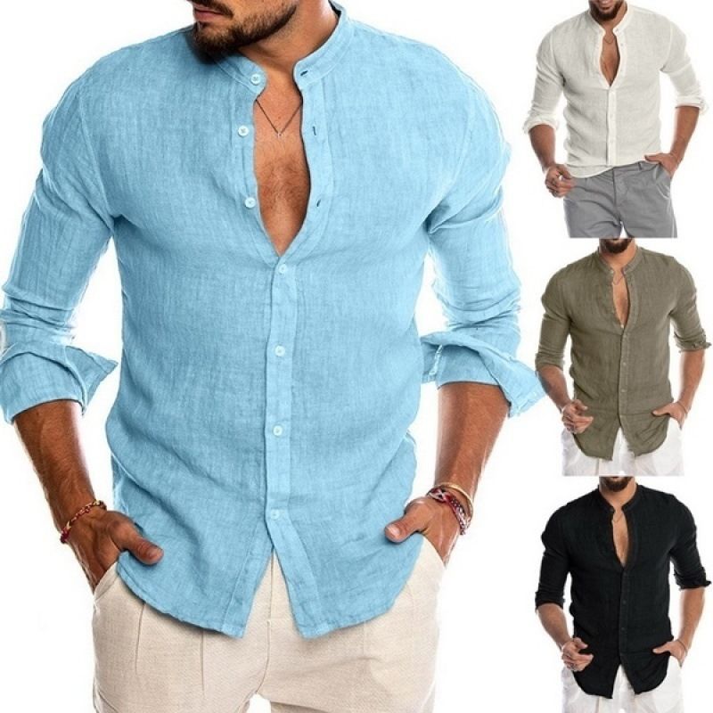Spring New Men's European and American Solid Color Standing Collar Cardigan Casual Long Sleeved Shirt Men's Style_voghion.com