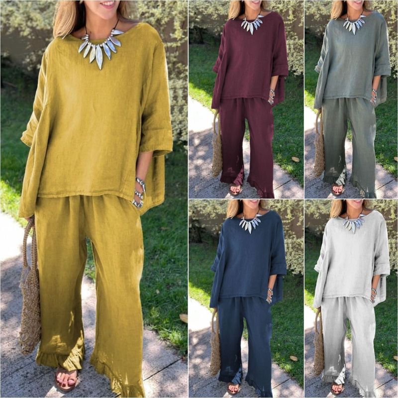 Nieuwe damespakken van katoen en linnen. Damesmode, effen kleur, losse casual broek, tweedelig pak_voghion.com