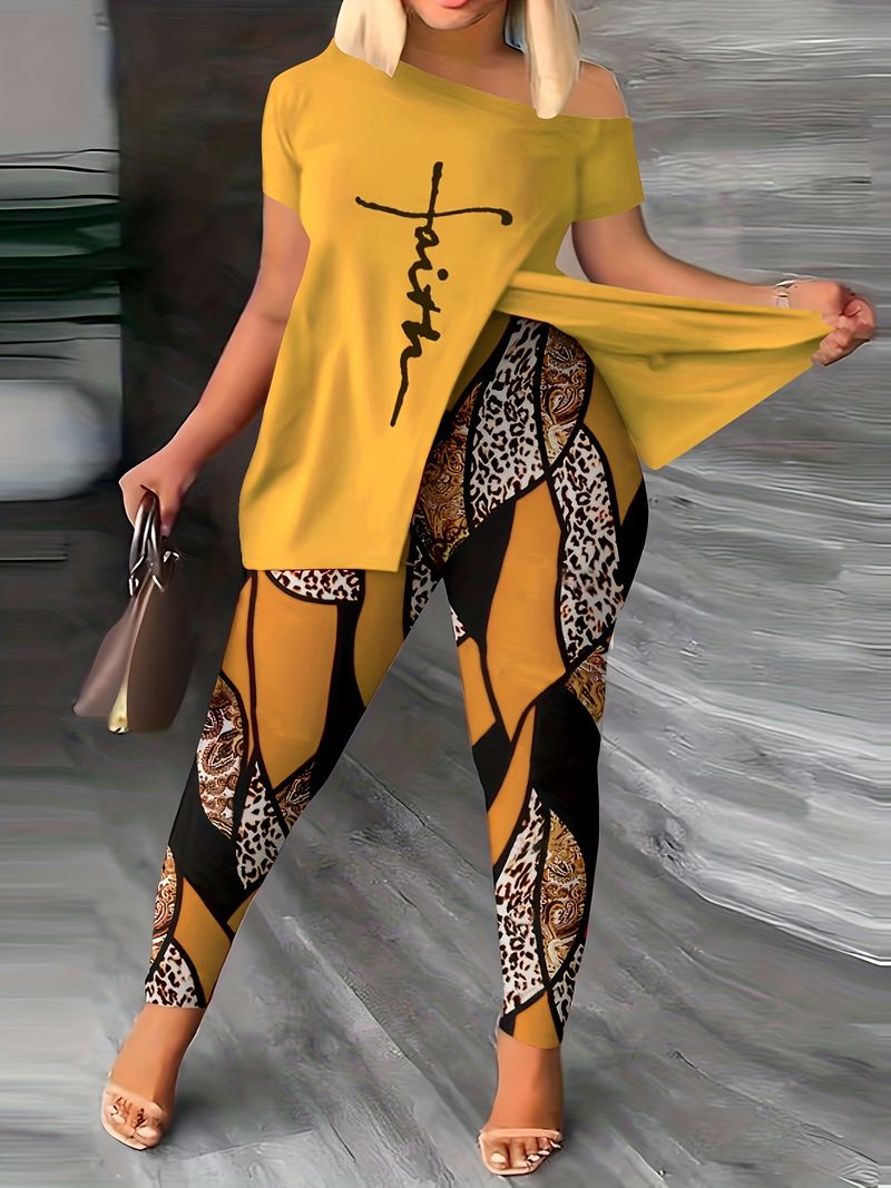 Ensemble deux pièces pour femme avec pantalon à col incliné et imprimé tendance_voghion.com