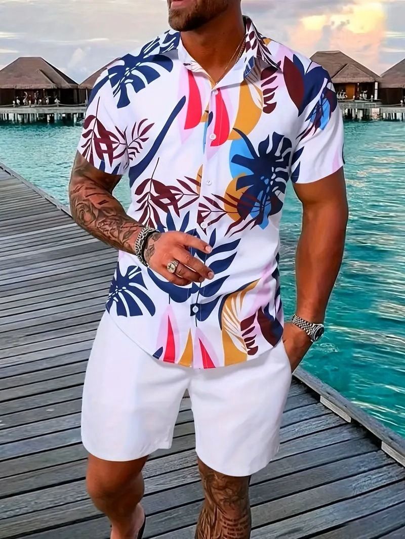 Set di camicie da uomo con stampa 3D di piante tropicali estive, moda, camicia a maniche corte, pantaloncini da spiaggia casual oversize, abiti da strada_voghion.com