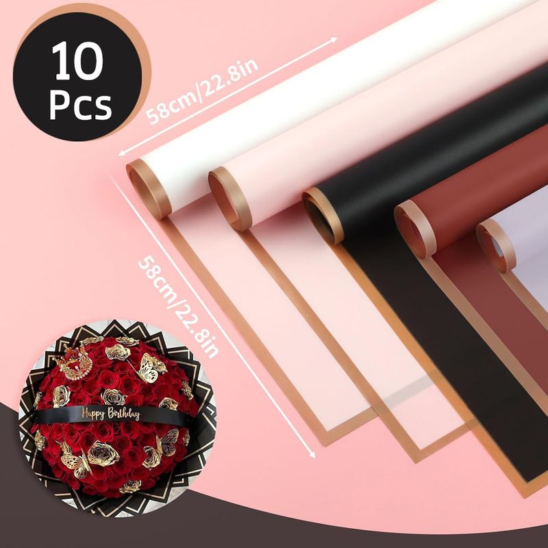Blumenpapier mit goldenem Rand, 10 Blatt, wasserfest, Floristen-Blumenstrauß-Zubehör für DIY-Bastelsträuße, Hochzeitsgeschenke, 57,9 x 57,9 cm_voghion.com