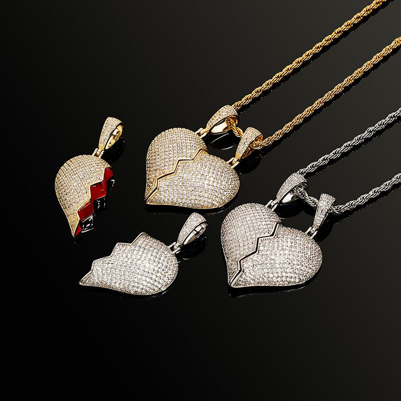 Combination Stitching Necklace Hip Hop Gold Plated Full Zircon Trendy Men's Fashion Wear Heartbreak Pendant Jewelry_voghion.com