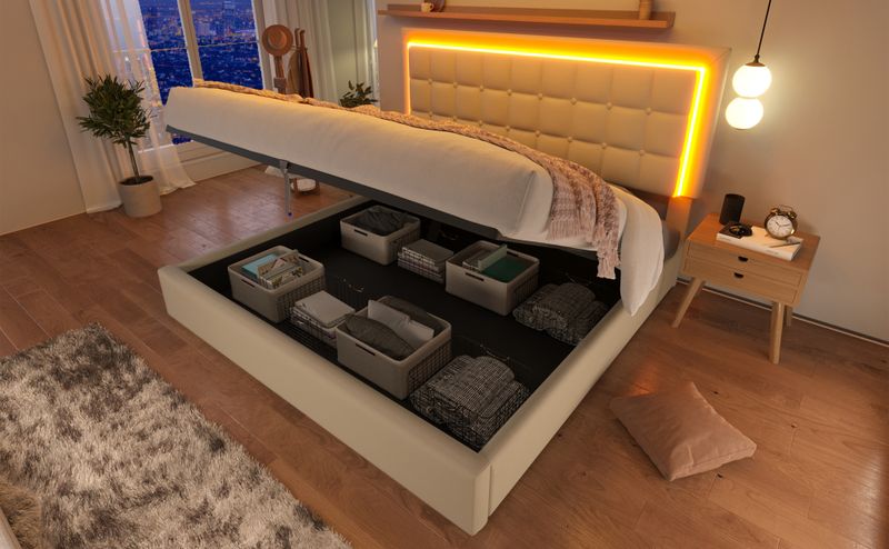 Lit double 140 x 200 cm avec sommier à lattes et rangements, avec bande lumineuse LED, cadre de lit rembourré en similicuir blanc._voghion.com