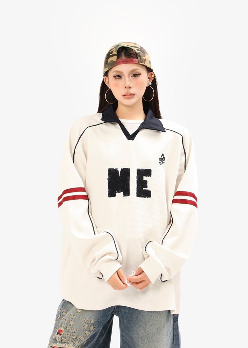 Sweat-shirt à col rabattu avec lettres brodées, style américain, unisexe, nouveau polo ample et décontracté en jersey 2025_voghion.com