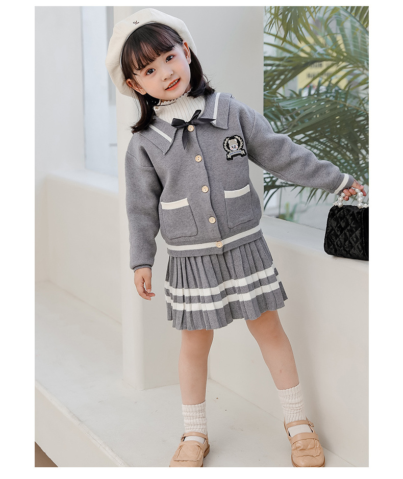 Vêtements pour enfants Automne et hiver filles tricotées style collège jk ours mignon brodé cardigan à manches longues jupe plissée ensemble deux pièces_voghion.com
