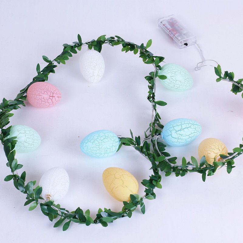 Guirnalda de luces LED con forma de huevo de Pascua, hojas verdes, con forma de huevo agrietado, luces intermitentes, decoración navideña de ratán verde._voghion.com