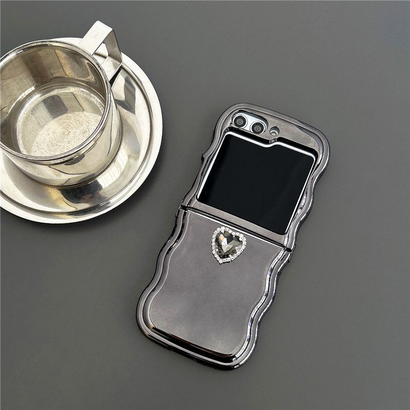 Suitable For Samsung Z Flip 5/4/3 Case With 3D Gem Heart – Cute TPU Shockproof Cover + Detachable Chain (Grey/Blue) – Trendy Flip Phone Accessory_voghion.com