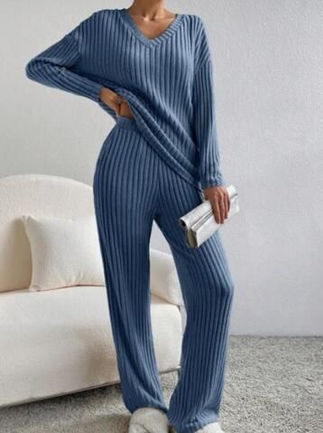 Women's Clothing Knit Two-Piece Set Casual Comfortable Straight Pants V-Neck Ribbed Top Autumn Outfit_voghion.com