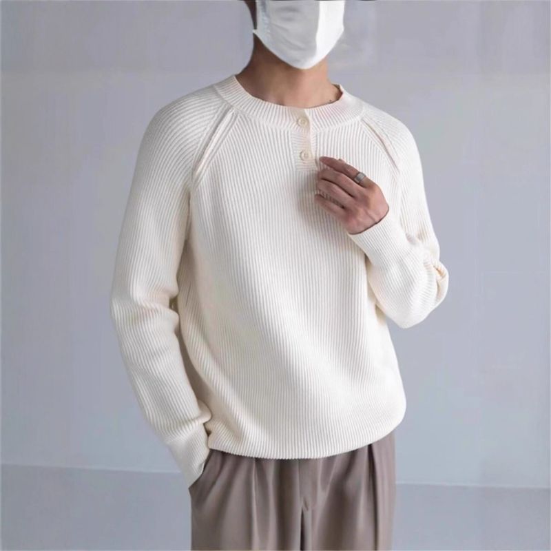 Korean Style Simple Solid Color Henley Collar Knitted For Men Fashionable Versatile Slim Fit Men's Autumn Winter Base_voghion.com