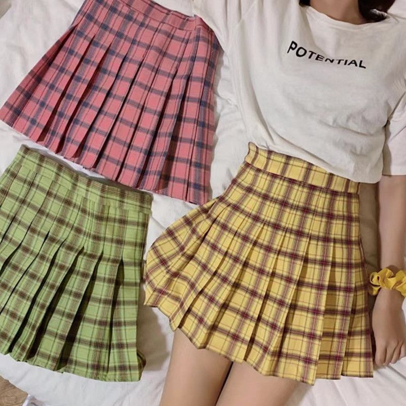 Gonna a pieghe a vita alta a quadri color caramella per donna, stile preppy, con minigonna morbida a quadri color caramella_voghion.com