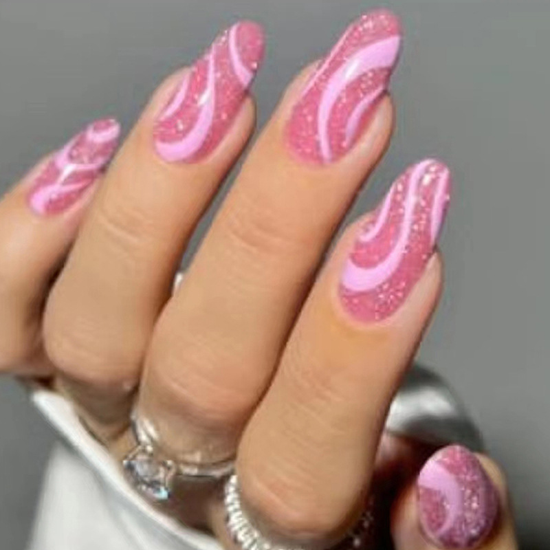 Forme 24 pièces faux ongles amande avec colle gelée bleu français longs faux ongles ensemble portable presse sur ongles avec Rh_voghion.com