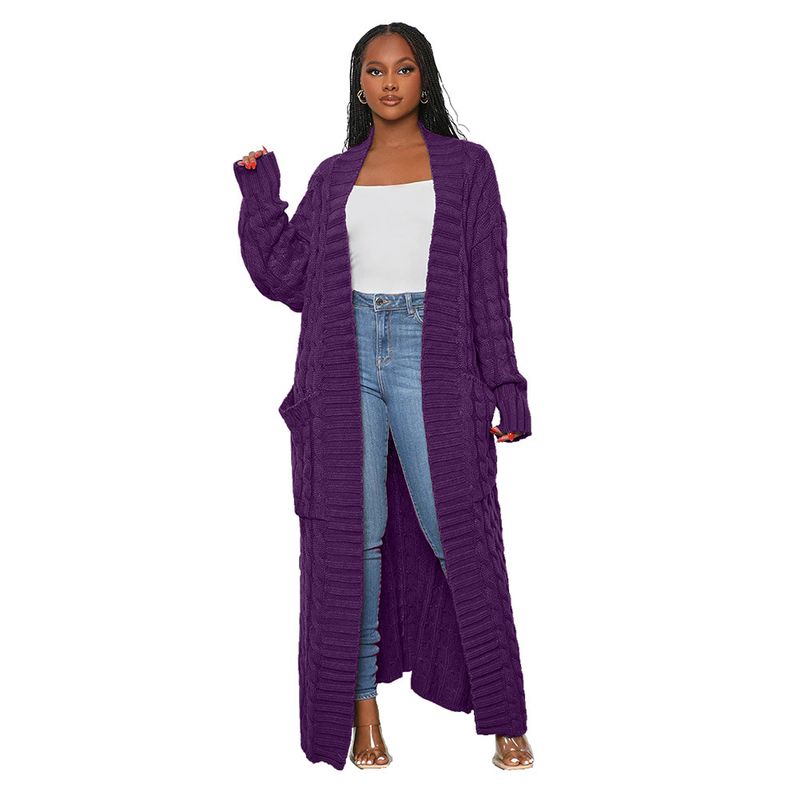 Damenbekleidung Locker gestrickte Strickjacke, gemütliche, übergroße Strickjacke mit Taschen, langer Zopfmuster-Pullovermantel, lockerer Boho-Chic, offene Vorderseite_voghion.com