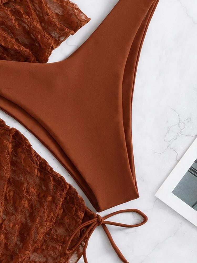 Costume da bagno intero da donna in rete con vita alta, stampa con coulisse, bikini in tre pezzi_voghion.com