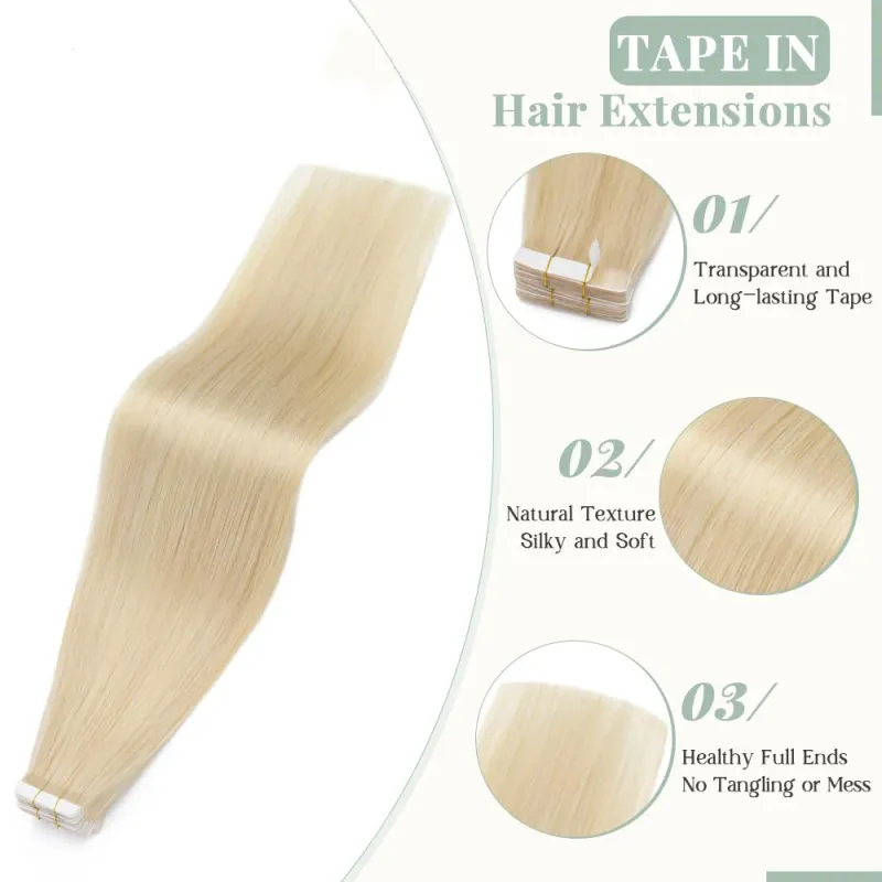 Extensiones de cabello humano con cinta adhesiva, 613 rubio decolorado, Remy, sin costuras, invisibles, para salón_voghion.com