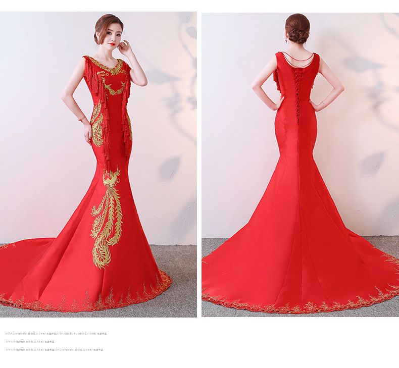 Abendkleid im chinesischen Meerjungfrauenstil – trägerloses rotes Hostessenkleid mit Schleppe, elegant für Bühnenauftritte und Modenschauen_voghion.com