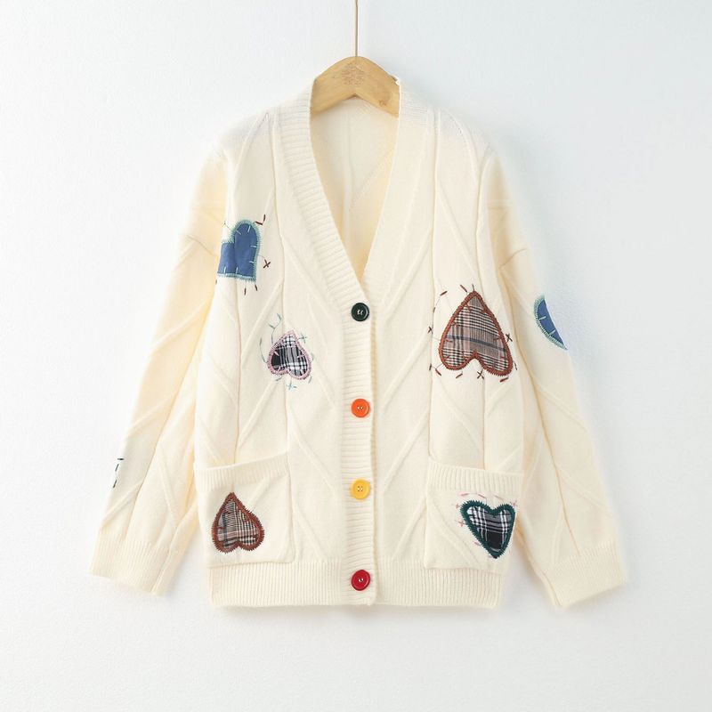 Cardigan in maglia grossa con ricamo a cuore - Maglione oversize a maniche lunghe con apertura frontale per donna, comodo capospalla invernale e autunnale_voghion.com