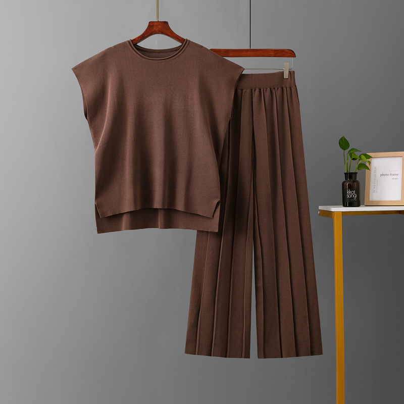 Chaleco sin mangas de color liso para mujer, suéter, pantalones de pierna ancha, traje de seda de hielo de talla grande_voghion.com