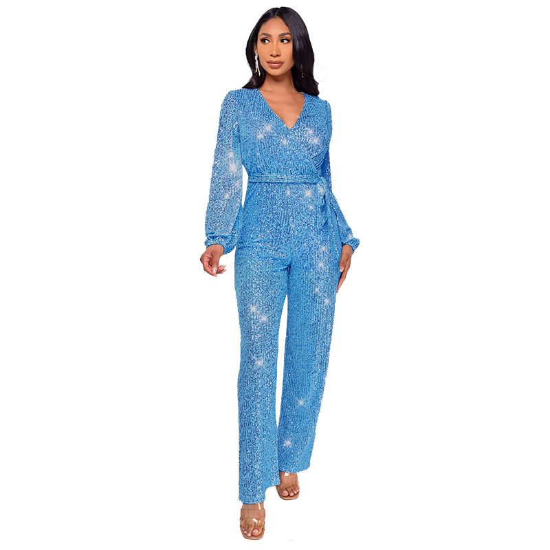 Damkläder Ins Style Deep V Mode Casual Jumpsuit Långärmat Bälte Paljett Jumpsuit Dam_voghion.com