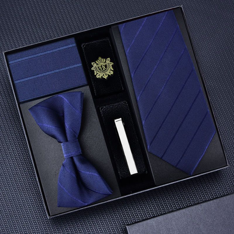 Fünfer-Set: Formelle Herren-Business-Krawatte, 8 cm, blauer Reißverschluss, schwarze handgebundene Fliege, Einstecktuch, Manschettenknöpfe_voghion.com