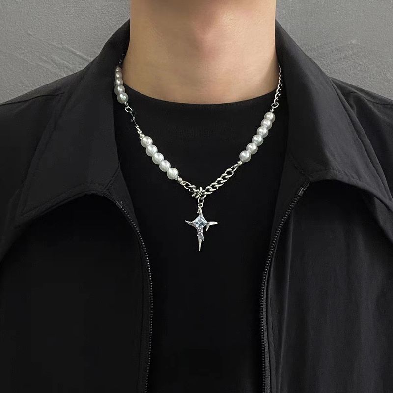 Collana con croce a stella e perle da uomo, hip-hop alla moda, di alta qualità, cool e versatile, design di nicchia, catena per clavicola da donna_voghion.com
