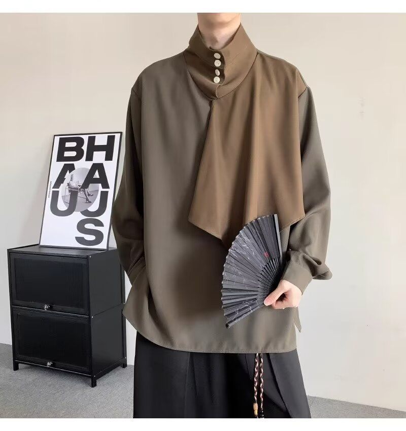 Retro dizaina raibu darbu stila krekls ar stāvapkakli, vīriešu garpiedurkņu, brīvi drapēts krekls pavasarim_voghion.com