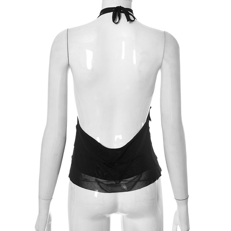 Q23TP310 Top corto sexy de malla negra con borde de madera para colgar el cuello y la parte superior del verano_voghion.com