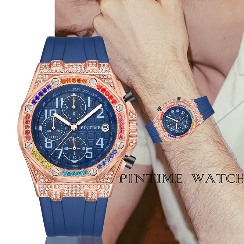 Luxuriöse Herrenuhr mit Diamantakzenten, Multifunktions-Chronograph, Datumsanzeige und 30 m Wasserdichtigkeit – Roségoldgehäuse und Silikonarmband_voghion.com