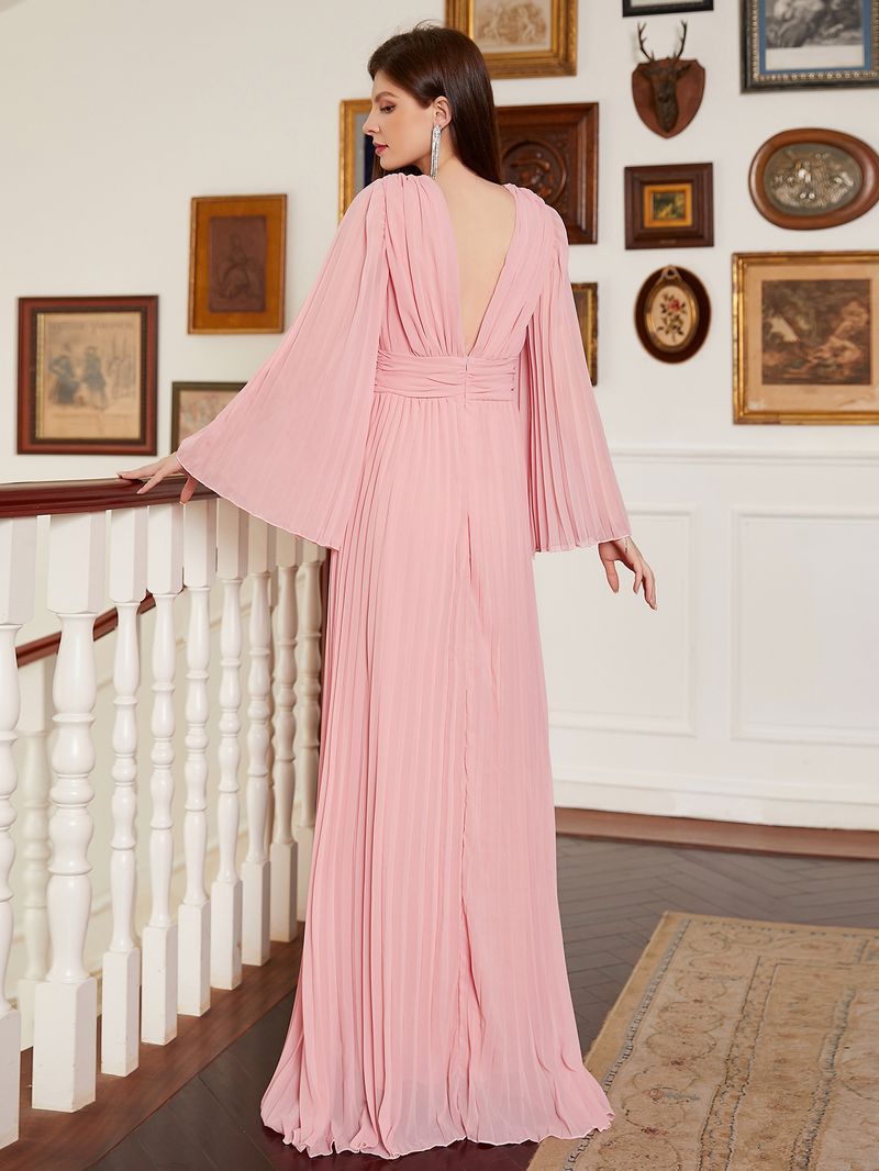Robe de soirée longue élégante à col en V pour femme - Robe trapèze longue au sol avec volants, décolleté en V profond et manches longues pour banquet ou bal de fin d'année_voghion.com