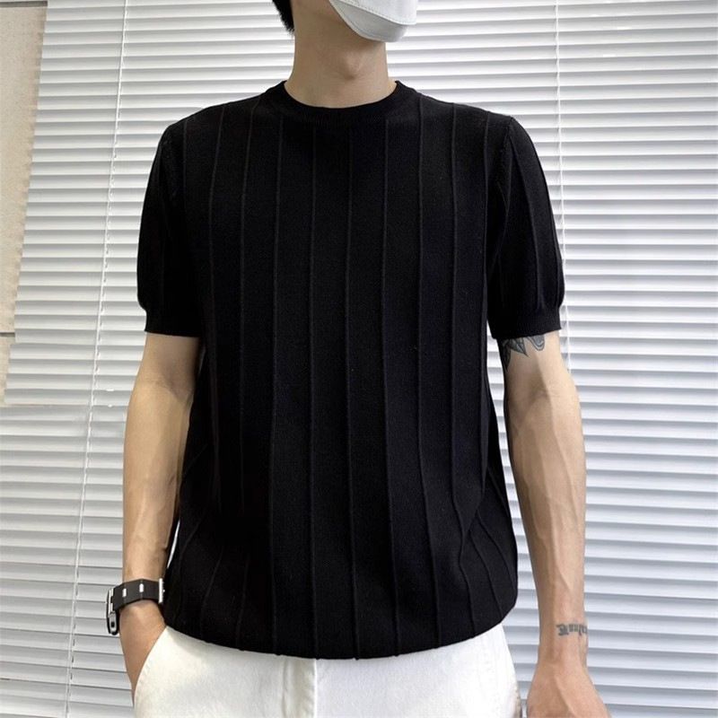 Herrenbekleidung Hochwertiges, einfarbiges T-Shirt aus Eisseide mit Rundhalsausschnitt, kurzärmelig, lässig, halbarm, neues T-Shirt für Männer_voghion.com