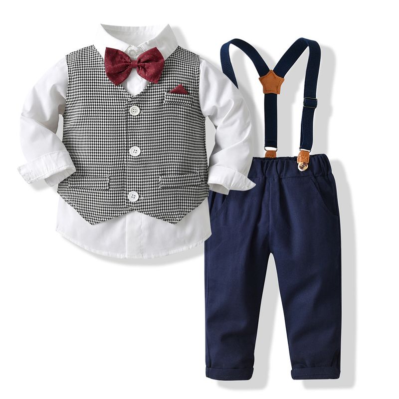 Kinderkleidung Jungenkleidung im britischen Stil karierte Weste, Hemd, Hosenträger, Hose dreiteiliger Anzug modisches Geburtstagskleid für Jungen_voghion.com