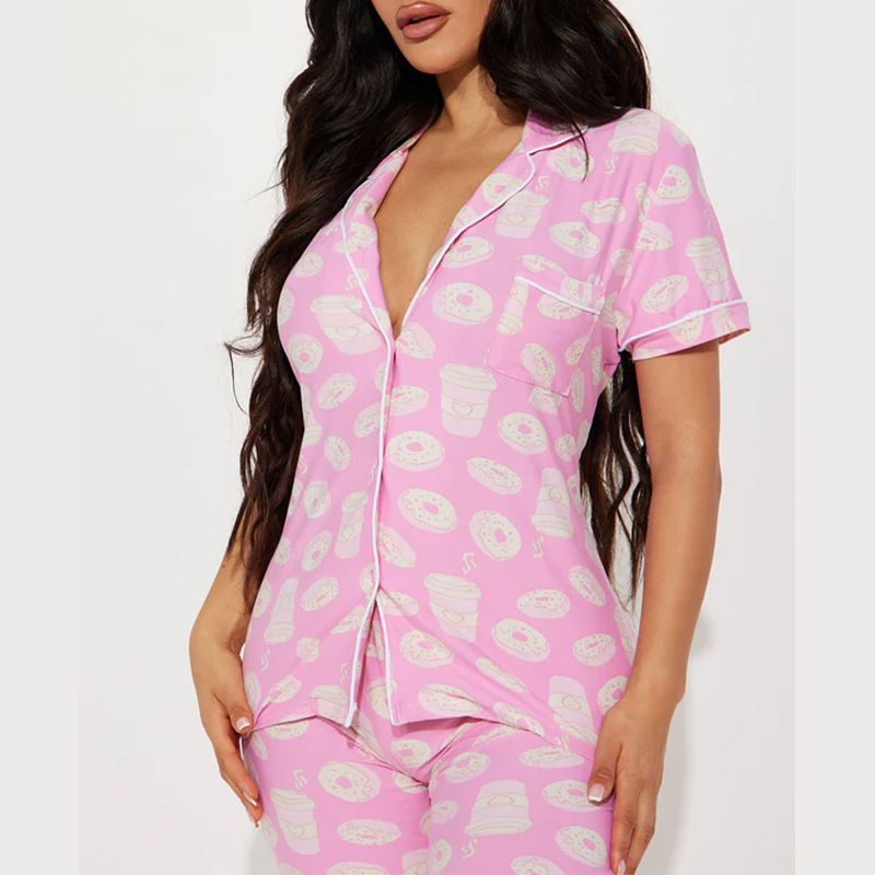 Women's Clothing Home Comfortable Printed Front Open Lapel Short Sleeved Trousers Suit_voghion.com