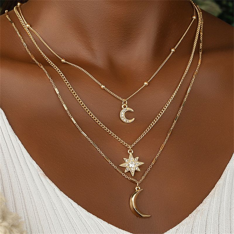 Boho Goud-plate Geometrische Ketting Kristal Maan Zon Hanger Ketting Voor Vrouwen Mode Vintage Multilevel Metalen Sieraden_voghion.com