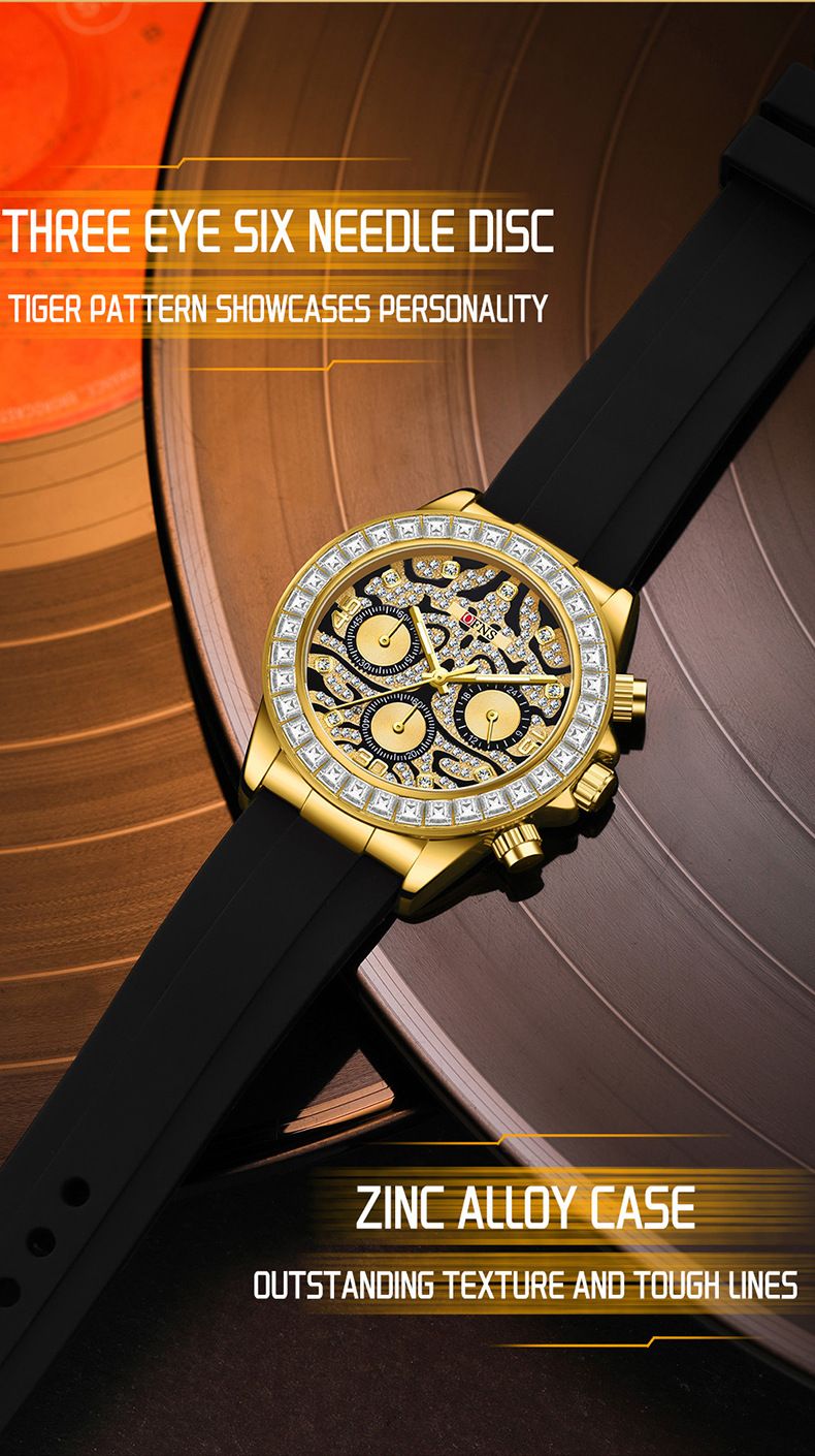 Luxe herenhorloge met drie wijzers en zes wijzers, diamantaccent en tijgerstreepdesign, retro-stijl quartzhorloge, waterbestendig tijgerpatroon quartz_voghion.com