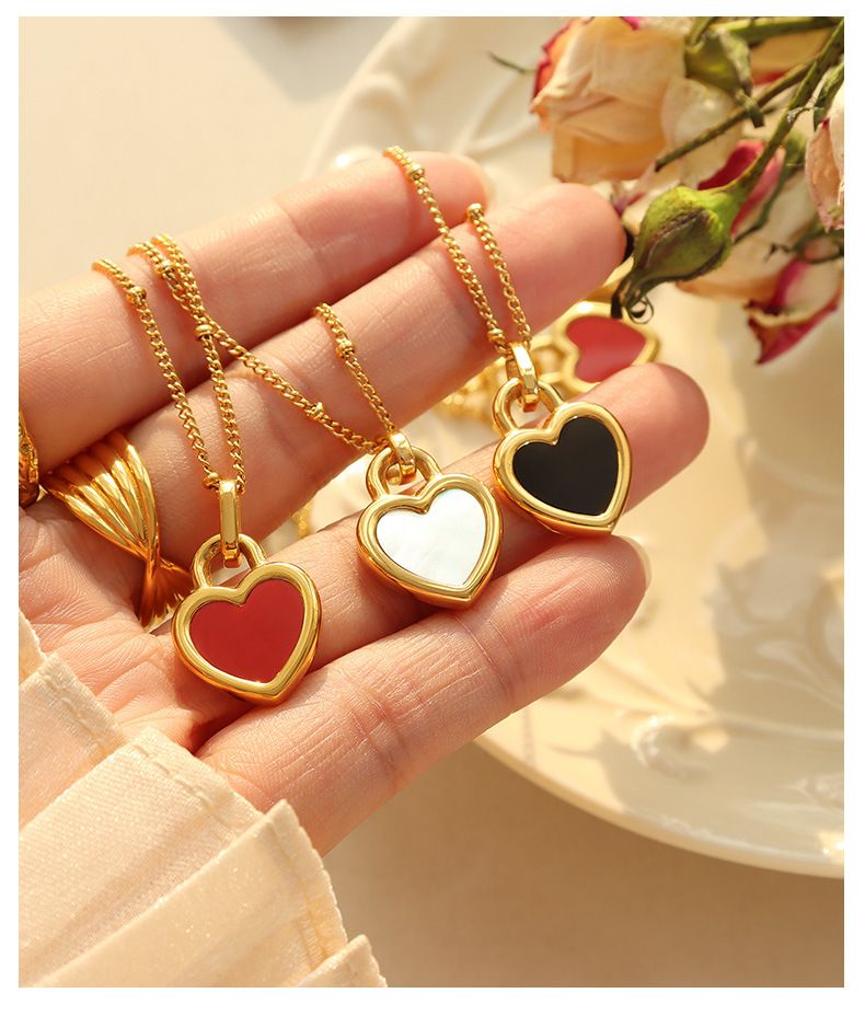 Women's Jewelry Exaggerated Love Heart Chain Necklace Black Beige Double Sided Pendant Retro Titanium Steel K Jewelry_voghion.com