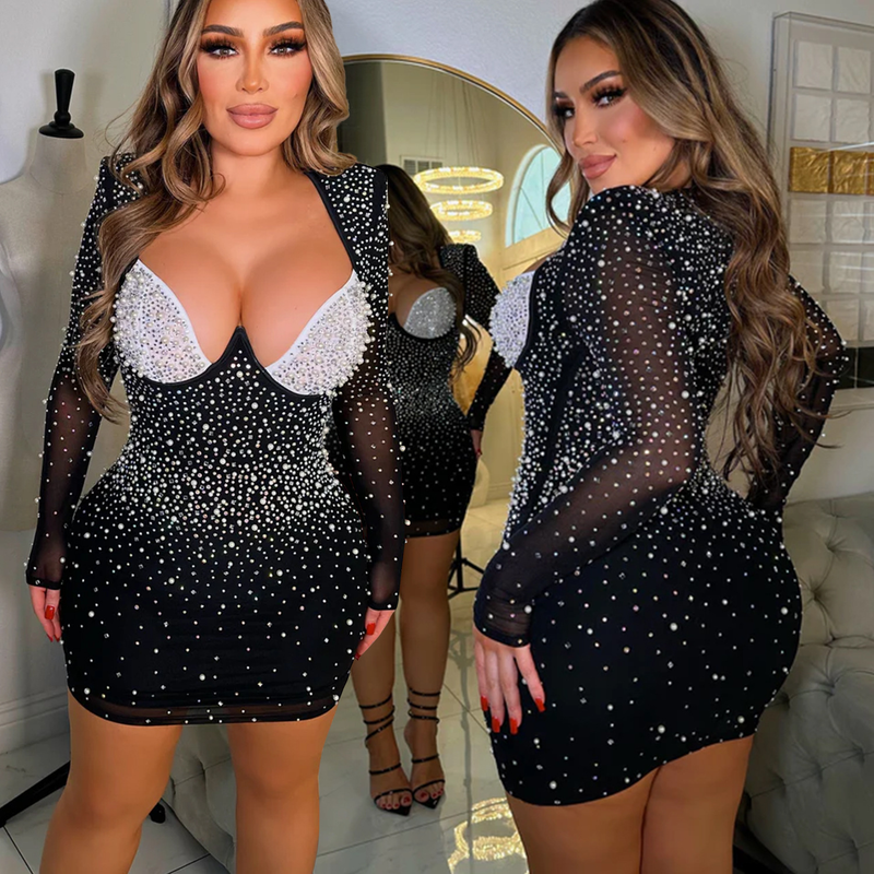 Abbigliamento donna moda abito gonna corta a maniche lunghe con strass in rete tinta unita da donna_voghion.com
