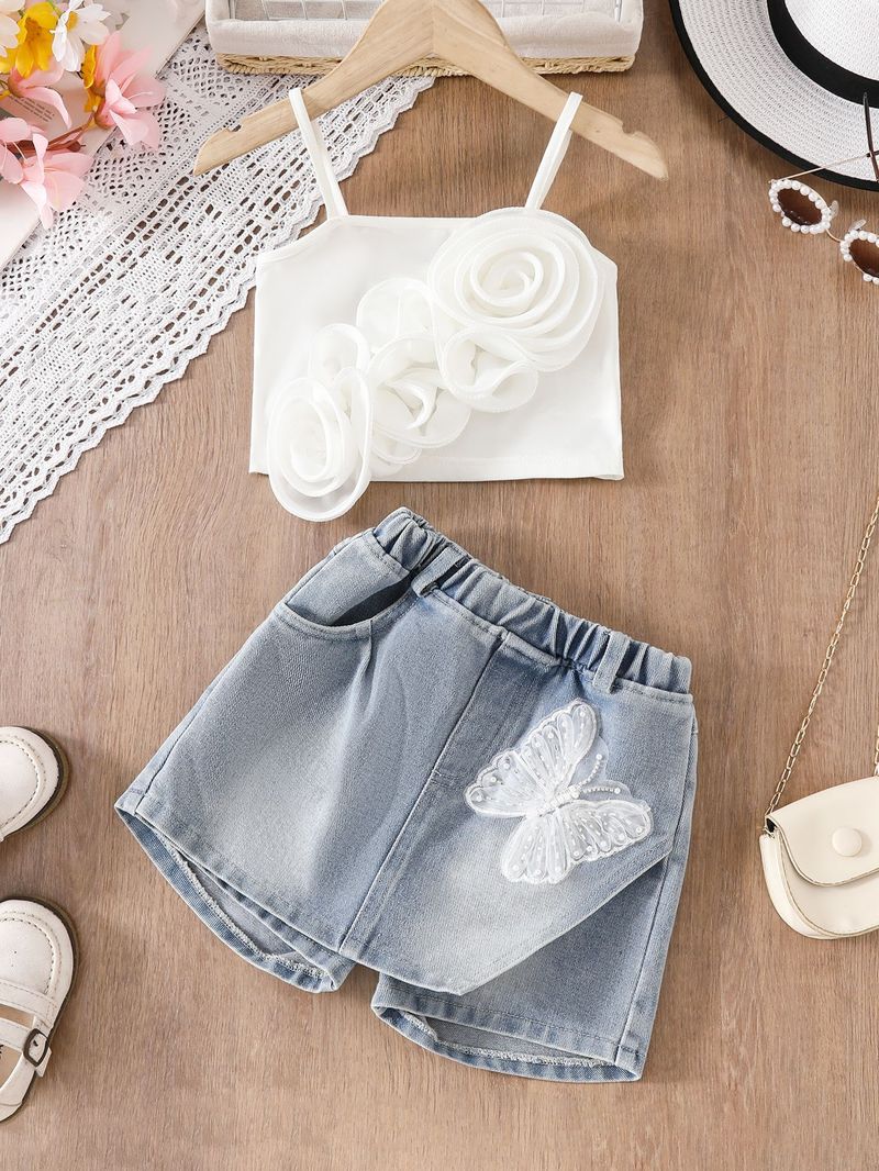 Mädchen 2025 Sommer Heißer Verkauf Neue Dreidimensionale Blume Hosenträger T-shirt Schmetterling Denim Shorts Anzug Für Kleine Und Mittlere Kinder_voghion.com