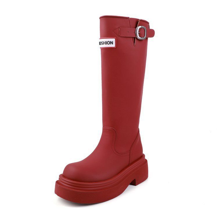 Versione in morbida pelle ~ Stivali da equitazione sopra il ginocchio alti con punta arrotondata e suola spessa, da donna, autunno 2025, colore rosso pioggia_voghion.com