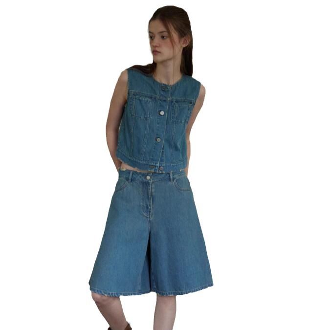 Conjunto de falda vaquera elegante de cintura baja, estilo Audday, estilo vintage de verano, sin mangas, deshilachada y estilo corto en A_voghion.com