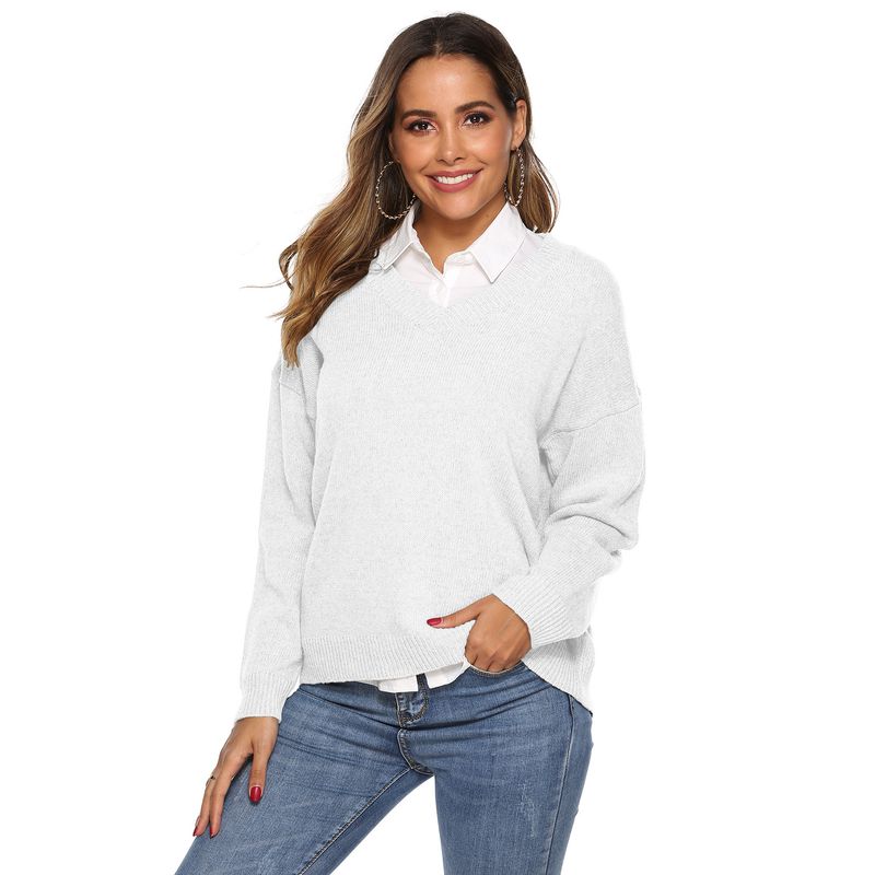 Pull ample à col en v tissé simple pour femme, couleur unie, haut chaud_voghion.com