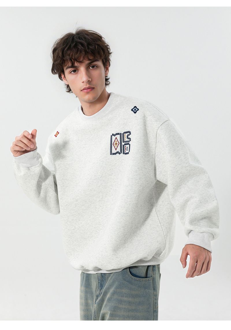 Ethnic Style Contrast Color Embroidered Heavyweight Crewneck Sweatshirt Men's Autumn Fashion Loose Fit Pullover Top_voghion.com