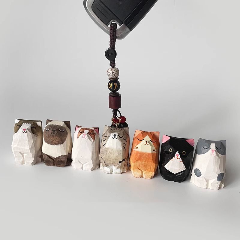 Hand Carved Wood Carved Orange Cat Shiba Inu Mi Ping An Six Character Mantra Woven Keychain Chain Ring Car Schoolbag Pendant Ornament_voghion.com