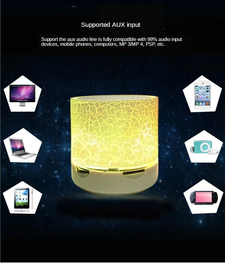 Bluetoothiga minikõlarid, USB-subwooferiga kaasaskantav MP3-muusika kolonn ja värvilised LED TF-kaardid arvutitele ja mobiiltelefonidele_voghion.com