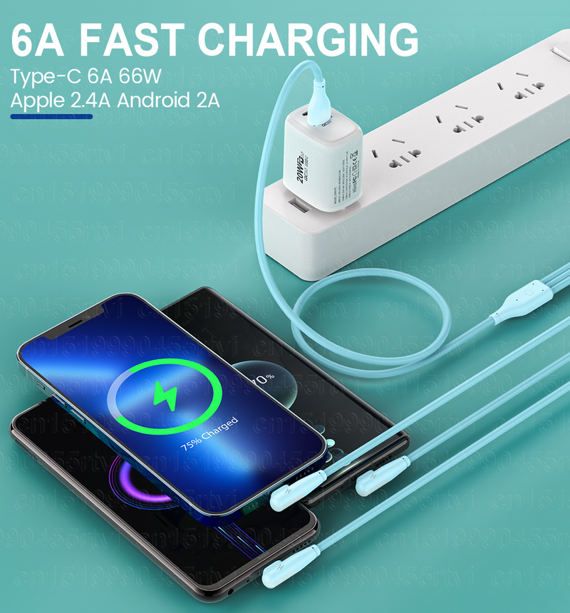 Câble USB coudé de charge rapide 3 en 1 6A 66W, pour iPhone 13 12 Pro Max, câble de données en Silicone liquide pour Hu_voghion.com