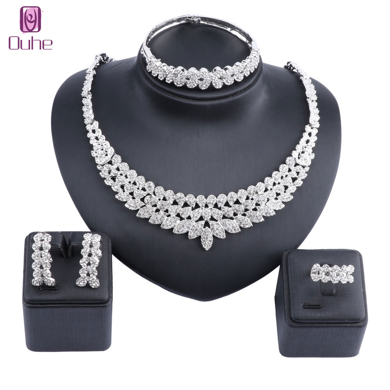 Set di gioielli nuziali alla moda in cristallo, set di gioielli nuziali da donna, collana, orecchini, anelli e accessori per damigelle_voghion.com