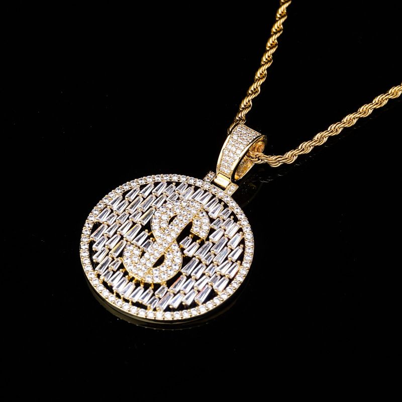 Pendentif de personnalité symbole dollar Hip Hop en or véritable plaqué zircon complet accessoires de collier tendance Hip Hop_voghion.com