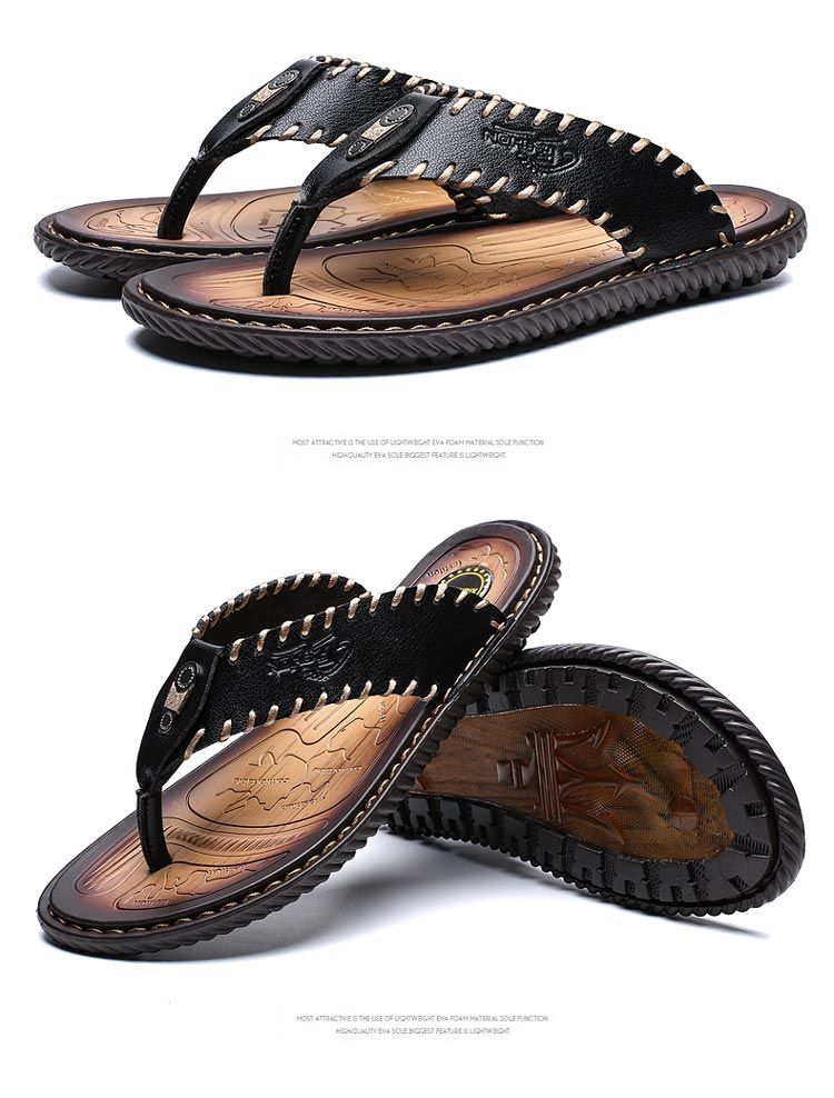 【 Vera pelle bovina cucita a mano 】 Pantofole a spina di pesce, sandali in pelle alla moda, sandali da uomo antiscivolo per uso esterno_voghion.com
