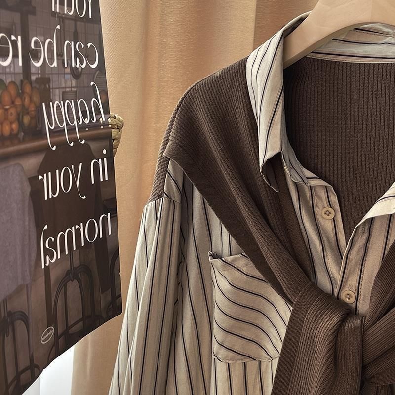 Women’s Clothing Early Autumn Shawl Two Piece Striped Shirt For Women Spring And Autumn Design Niche Lazy Style French Long Sleeved Top Shirt_voghion.com