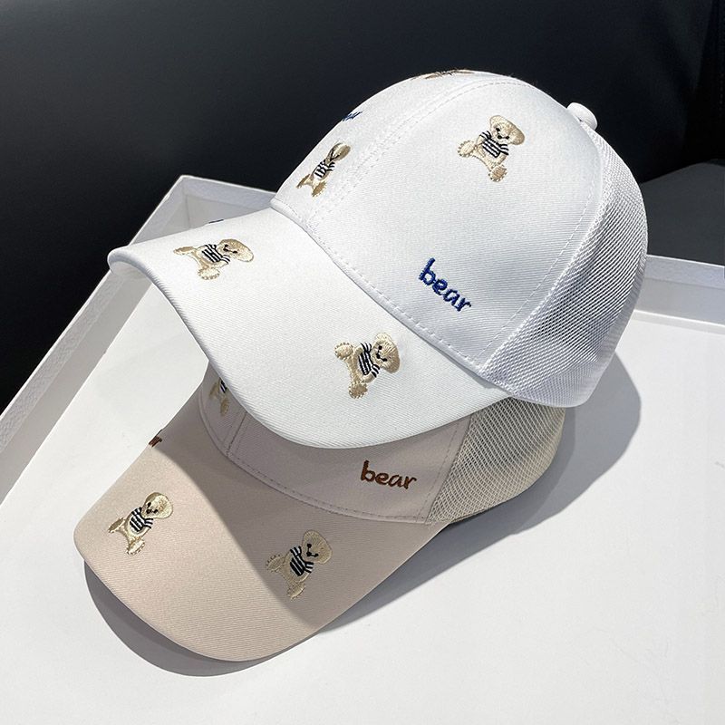 Mit Cartoon-Stickereien versehener Teddybär-Entenschnabel für Kinderausflüge im Frühjahr und Herbst, Sonnenschutz, atmungsaktives Netz mit gebogener Krempe_voghion.com