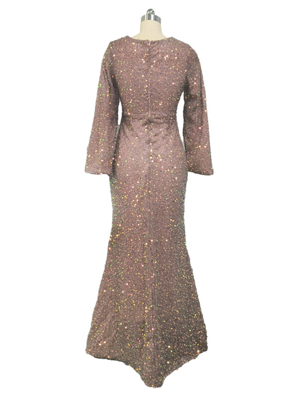 girl 2025 Spring Summer New Fashion V-neck Bodycon Sequin European And American Style Mid-waist Flared Sleeve Long Evening_voghion.com